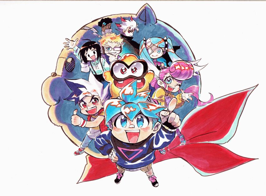 absurdres, ahoge, aqua_eyes, aqua_hair, aqua_pants, aqua_shirt, aqua_sleeves, asymmetrical_hair