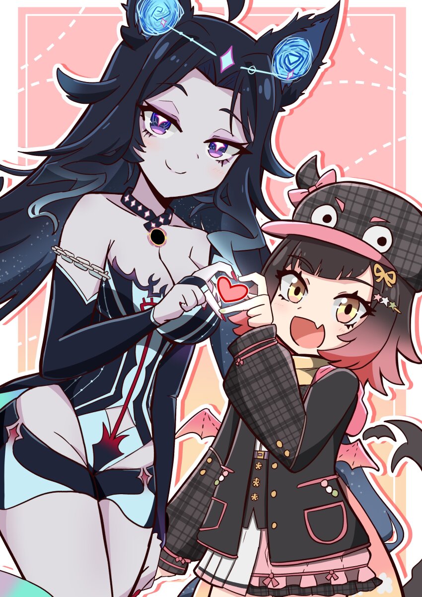 2girls, absurdres, ahoge, alin_laphel, animal_ears, bare_shoulders, black_hair, black_jacket