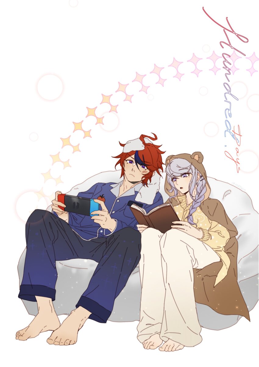 1boy, 1girl, :o, absurdres, acomem07, ahoge, animal_hood, barefoot, blue_eyes, blush, braid, commentary_request, feet, frown, grey_hair, handheld_game_console, highres, holding, holding_handheld_game_console, hood, kirifuji_nozomi, long_hair, mole, mole_under_eye, nintendo_switch, pajamas, purple_eyes, red_hair, ringed_eyes, short_hair, sitting, sumino_takumi, the_hundred_line_-last_defense_academy-, toenails, toes