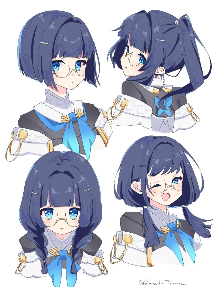 1girl, ;d, blue_eyes, blue_hair, blue_pupils, blunt_bangs, blush, braid