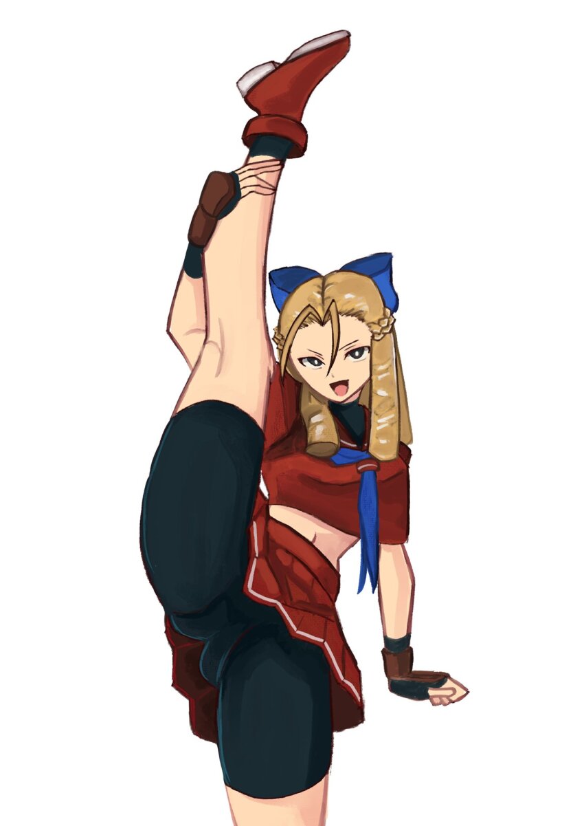 1girl, :d, bike_shorts, bike_shorts_under_skirt, black_eyes, black_gloves, blonde_hair, blue_bow