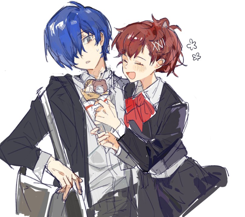 1boy, 1girl, bag, black_jacket, black_pants, black_skirt, blush, brown_hair, closed_eyes, collared_shirt, cowboy_shot, crepe, food, jacket, jingshenhuanghu, medium_hair, open_mouth, pants, persona, persona_3, persona_3_portable, ponytail, school_bag, shiomi_kotone, shirt, simple_background, skirt, smile, white_background, white_shirt, yuuki_makoto_(persona_3)