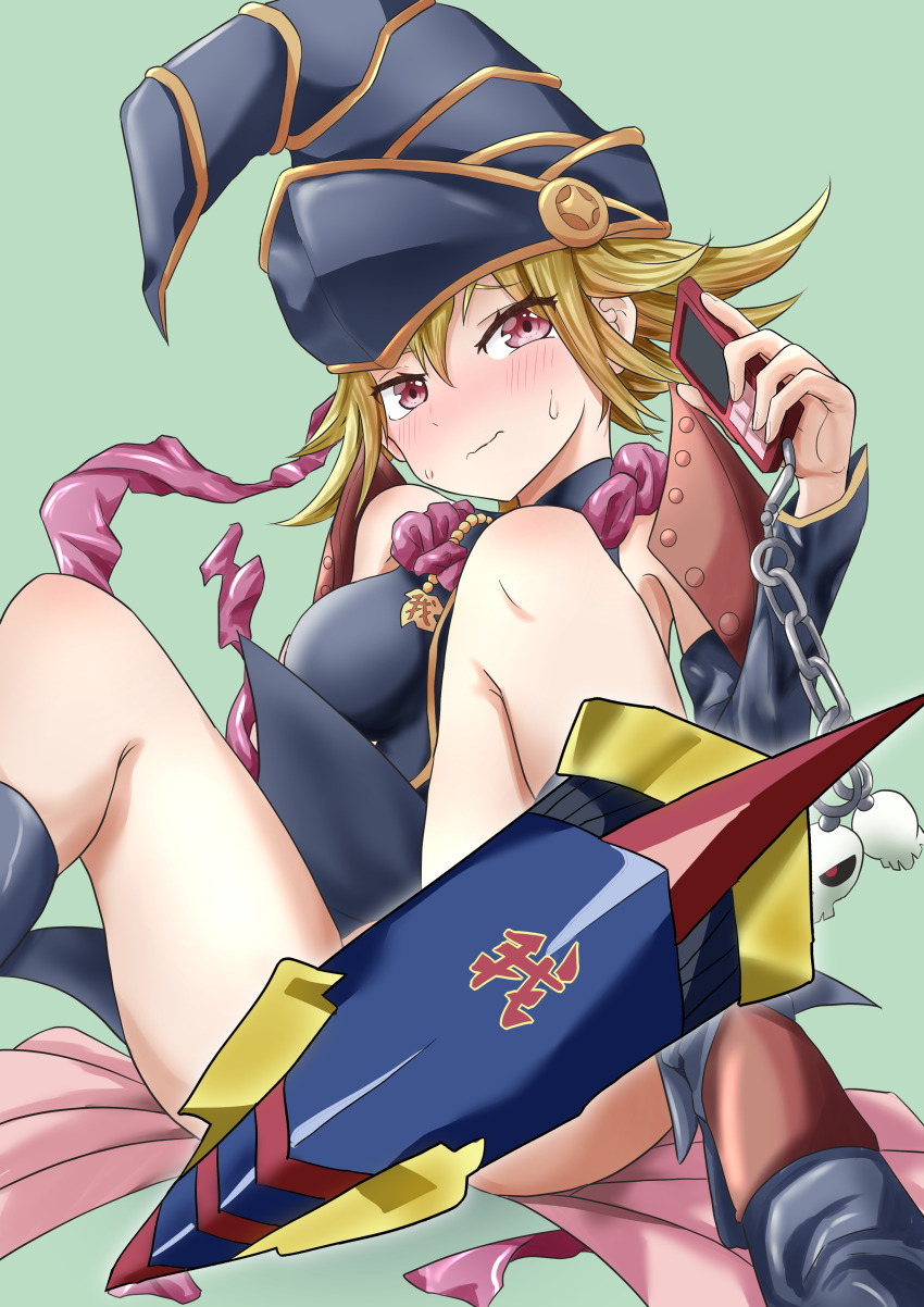 1girl, absurdres, black_hat, blonde_hair, blush, breasts, cellphone, chain