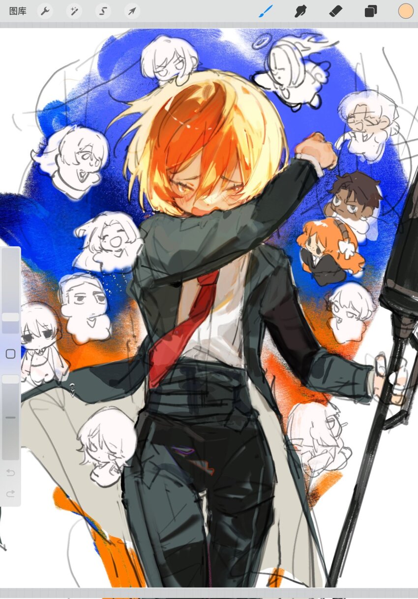 1other, 6+boys, 6+girls, black_coat, black_pants, blonde_hair, clock, closed_eyes