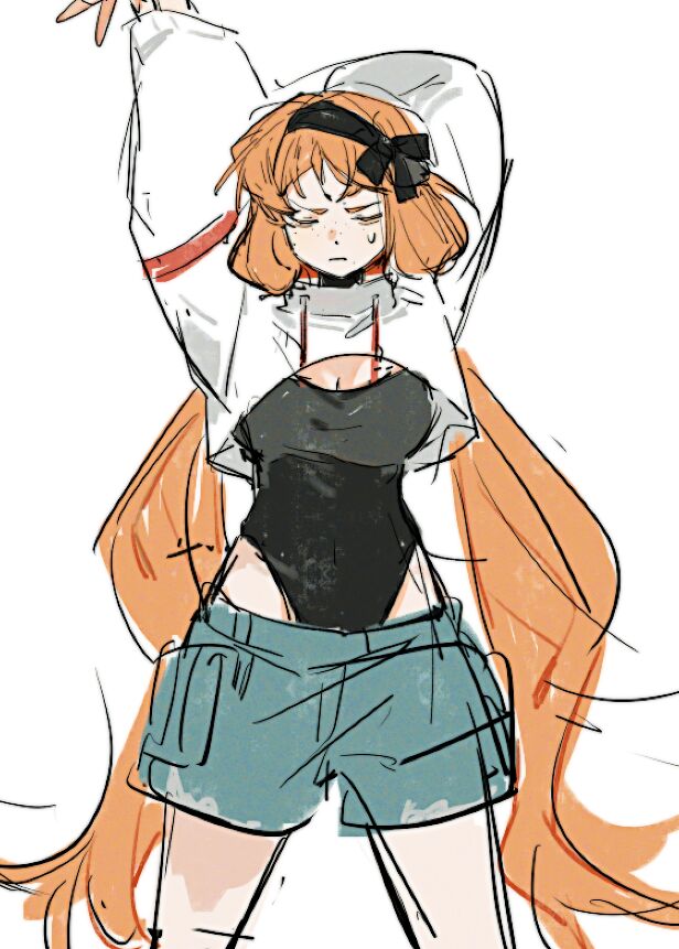 1girl, arms_up, black_bow, black_hairband, black_leotard, blue_shorts, bow, breasts, cleavage, cropped_hoodie, hair_bow, hairband, highleg, highleg_leotard, hood, hoodie, ishmael_(project_moon), jingshenhuanghu, leotard, limbus_company, long_hair, low_twintails, medium_breasts, orange_hair, project_moon, shorts, solo, stretching, twintails, very_long_hair