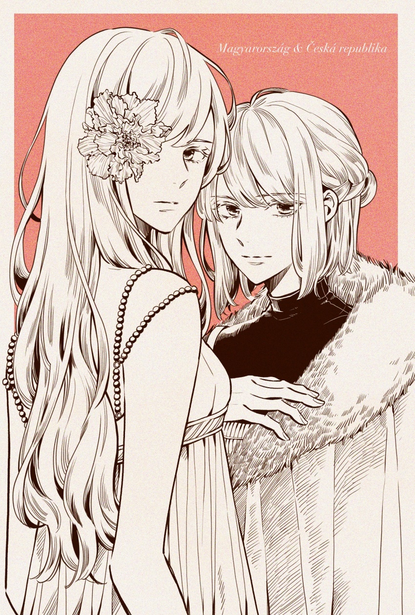 2girls, axis_powers_hetalia, border, braid, ca_lamari, cloak, czech_republic_(hetalia), dress