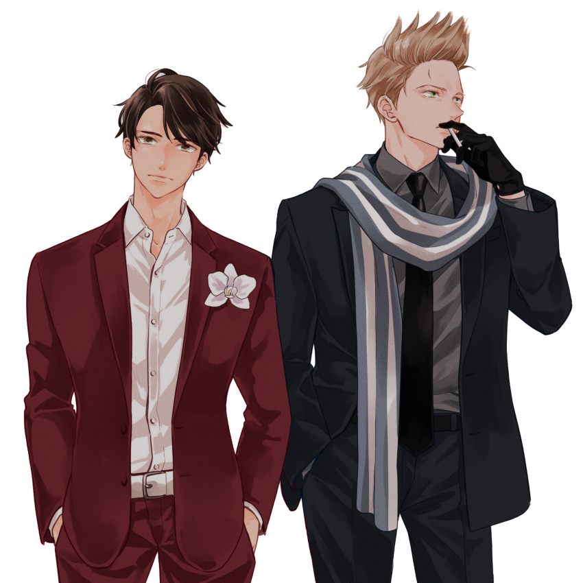 2boys, axis_powers_hetalia, blonde_hair, brown_eyes, brown_hair, ca_lamari, cigarette, collared_shirt