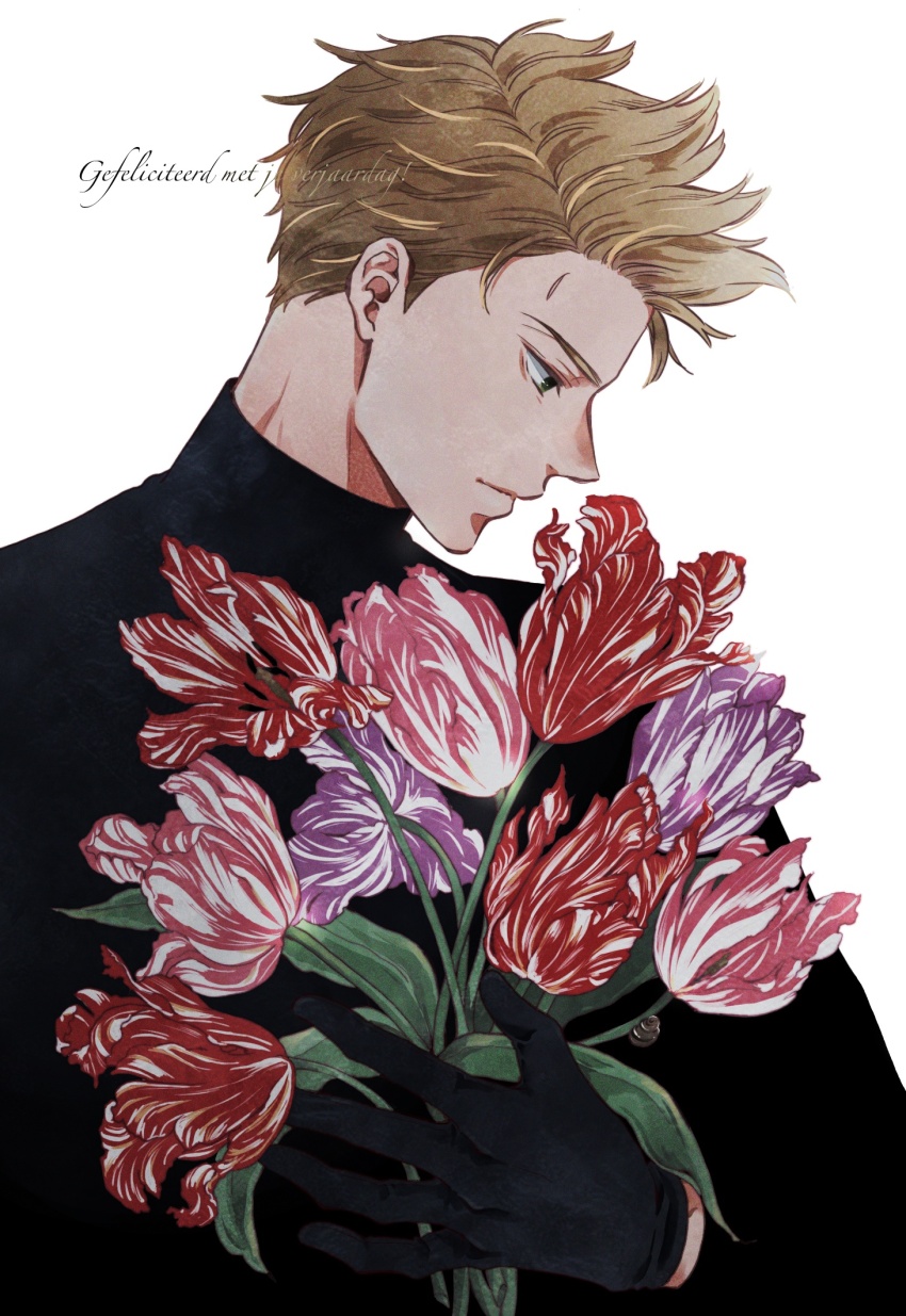 1boy, axis_powers_hetalia, black_shirt, blonde_hair, bouquet, ca_lamari, dutch_text, flower