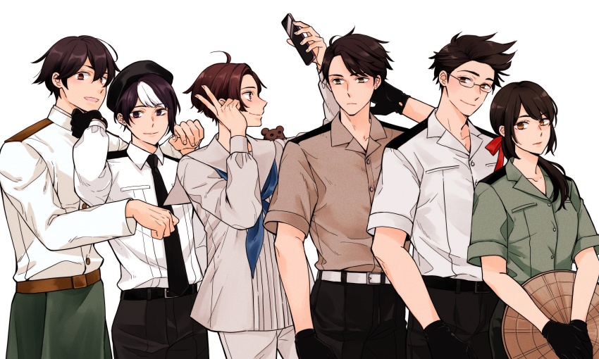 1girl, 5boys, absurdres, ahoge, axis_powers_hetalia, belt, beret, black_hair