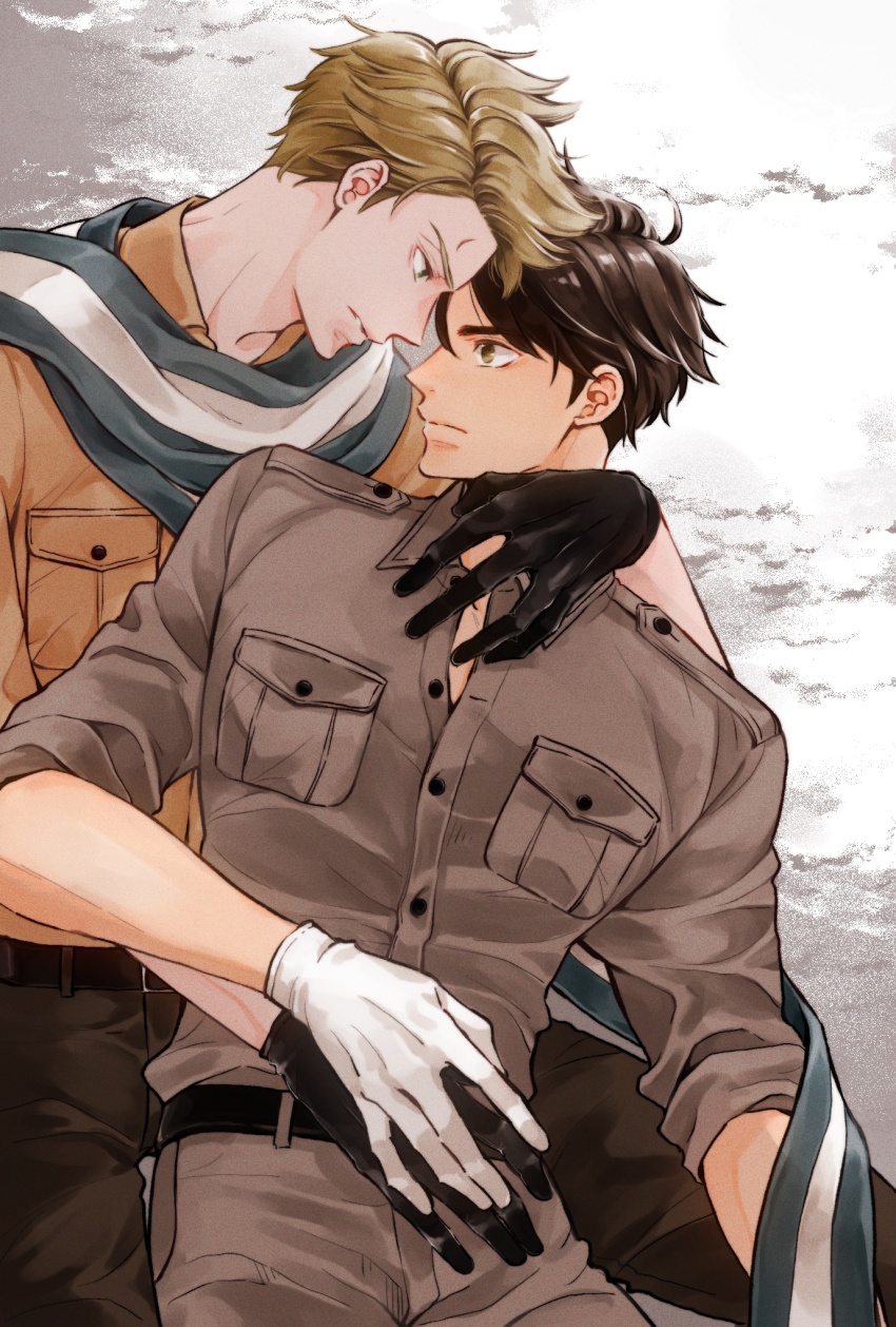 2boys, axis_powers_hetalia, blonde_hair, brown_eyes, brown_hair, ca_lamari, collared_shirt, face-to-face