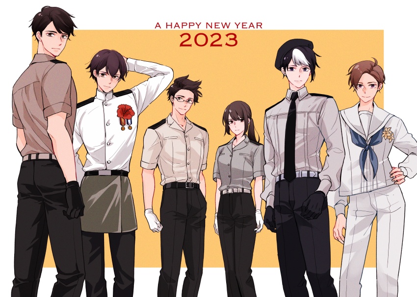 1girl, 5boys, absurdres, axis_powers_hetalia, belt, beret, black_hair, border