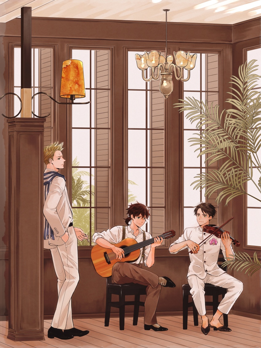 3boys, absurdres, acoustic_guitar, axis_powers_hetalia, blonde_hair, bow_(music), brown_eyes, brown_hair