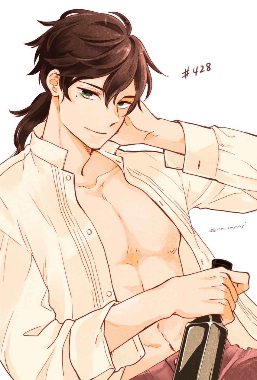 1boy, axis_powers_hetalia, bottle, brown_hair, ca_lamari, green_eyes, highres, holding, holding_bottle, looking_at_viewer, low_ponytail, male_focus, medium_hair, mole, mole_under_eye, navel, pectorals, ponytail, portugal_(hetalia), shirt, simple_background, smile, solo, unbuttoned, unbuttoned_shirt, white_background, white_shirt