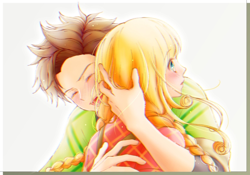 1boy, 1girl, :d, azu_rin_go, backlighting, black_shirt, blonde_hair, blue_eyes, blush, bokujou_monogatari, bokujou_monogatari:_mittsu_no_sato_no_taisetsuna_tomodachi, border, braid, brown_hair, chromatic_aberration, closed_eyes, collared_shirt, curtained_hair, green_haori, grey_border, hand_on_another's_back, hand_on_another's_head, haori, hetero, hinata_(bokujou_monogatari), hug, japanese_clothes, light_particles, long_hair, low_twin_braids, nanami_(bokujou_monogatari), nose_blush, open_mouth, parted_bangs, parted_lips, plaid_clothes, plaid_shirt, red_shirt, shirt, side_part, sidelocks, simple_background, smile, spiked_hair, surprised, teeth, three-quarter_sleeves, twin_braids, upper_teeth_only, v-shaped_eyebrows, very_long_hair, white_background