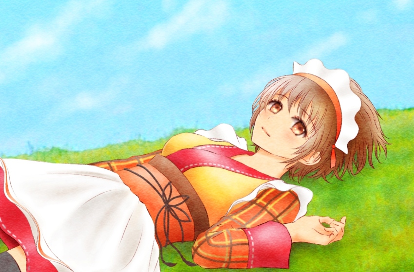 1girl, apron, azu_rin_go, black_thighhighs, blue_sky, bokujou_monogatari, bokujou_monogatari:_mittsu_no_sato_no_taisetsuna_tomodachi, brown_eyes, brown_hair, closed_mouth, cowboy_shot, curled_fingers, day, grass, hair_between_eyes, hand_up, japanese_clothes, komari_(bokujou_monogatari), long_sleeves, looking_at_viewer, lying, maid, maid_headdress, obi, obiage, obijime, on_back, on_ground, outdoors, plaid_clothes, red_skirt, sash, short_hair, skirt, sky, smile, solo, thighhighs, wa_maid, waitress, white_apron, zettai_ryouiki