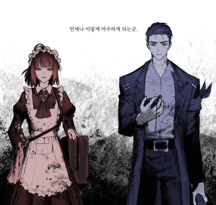 1boy, 1girl, apron, armband, ascot, bag, belt, chanil_(muexlku)