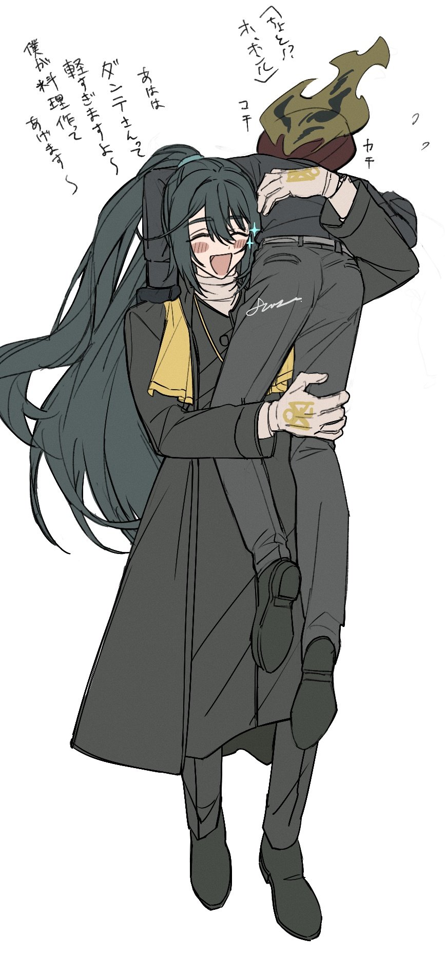 1boy, 1other, black_hair, black_robe, blush, carrying_over_shoulder, clock, closed_eyes