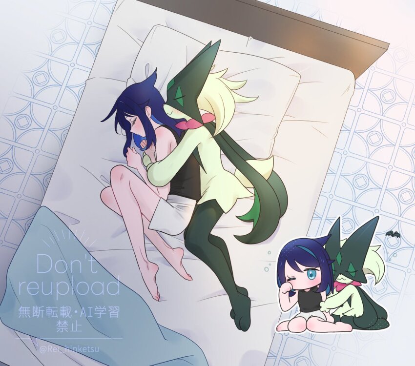 1girl, barefoot, black_hair, chibi, chibi_inset, closed_eyes, closed_mouth, commentary