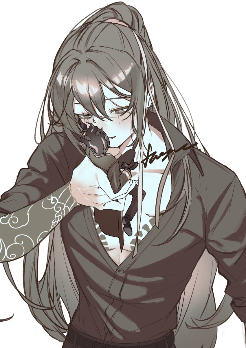 1boy, 1other, blush, buttons, clock, coat, collared_shirt, dante_(limbus_company)