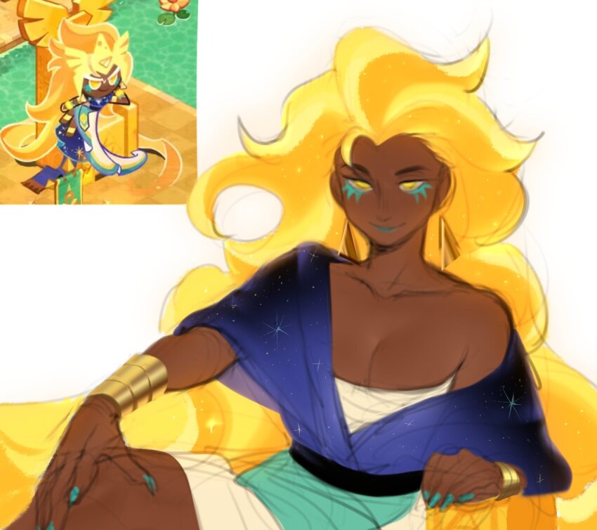 1girl, ancient_egyptian_clothes, blonde_hair, breasts, cleavage, cookie_run, cookie_run:_kingdom, dark-skinned_female