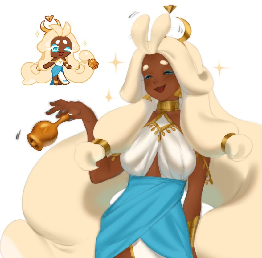 1girl, :3, bell, blue_dress, breasts, cookie_run, cookie_run:_kingdom, dark-skinned_female