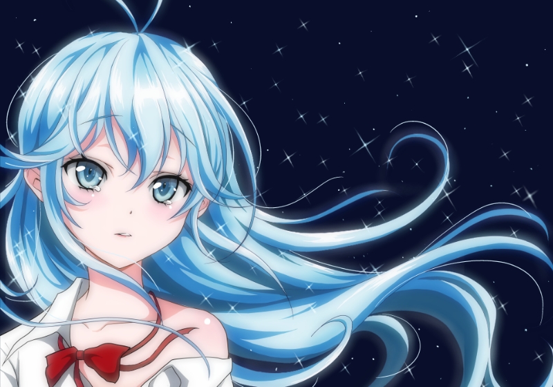10s, 1girl, antenna_hair, blue_eyes, blue_hair, bow, bowtie, collarbone