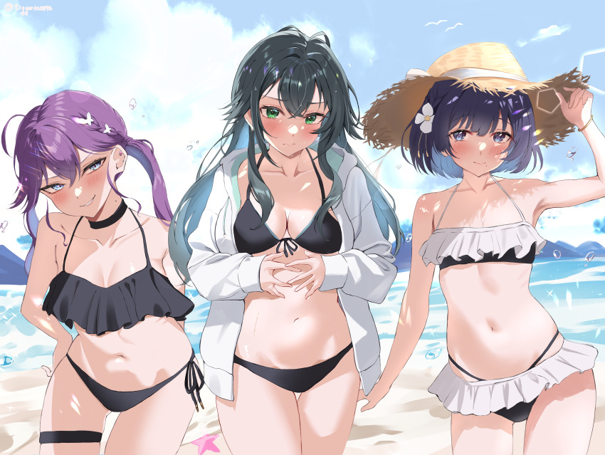 3girls, absurdres, ahoge, beach, bikini, black_bikini, black_choker, blush