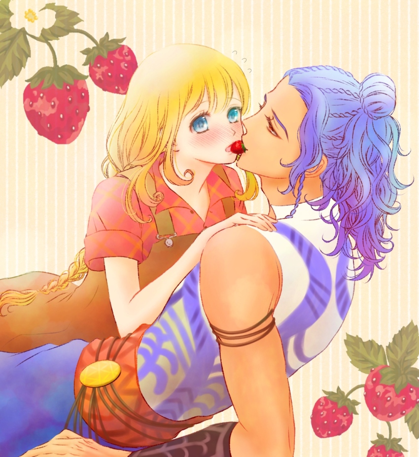 1boy, 1girl, adam's_apple, arm_support, azu_rin_go, black_armlet, blonde_hair, blue_eyes, blue_hair, blue_pants, blush, bokujou_monogatari, bokujou_monogatari:_mittsu_no_sato_no_taisetsuna_tomodachi, braid, brown_overalls, cornrows, cowboy_shot, curly_hair, curly_sidelocks, curtained_hair, dark-skinned_male, dark_skin, flower, flying_sweatdrops, food, food_in_mouth, fruit, hair_between_eyes, hair_bun, half-closed_eyes, half_updo, hand_on_another's_shoulder, hetero, highres, imminent_kiss, leaf, long_hair, looking_at_another, low_twin_braids, ludus_(bokujou_monogatari), lying_on_person, mouth_hold, muscular, muscular_male, nanami_(bokujou_monogatari), nose_blush, overall_skirt, overalls, pants, plaid_clothes, plaid_skirt, red_eyes, red_shirt, scarf_belt, shirt, short_sleeves, side_ponytail, single_hair_bun, single_sidelock, skirt, sleeveless_tunic, strawberry, striped_background, tunic, twin_braids, vertical-striped_background, very_long_hair, white_tunic, yellow_background