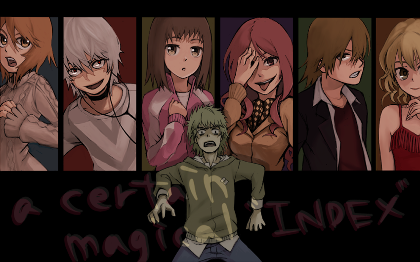 3boys, 4girls, accelerator_(toaru_majutsu_no_index), brown_eyes, brown_hair, child, clenched_teeth, crazy_smile, earphones, formal_clothes, glaring, gokusai_kaibi, green_eyes, green_hair, hamazura_shiage, hand_over_eye, hood, hoodie, kakine_teitoku, kinuhata_saiai, mugino_shizuri, multiple_boys, multiple_girls, open_mouth, red_hair, shirt, smile, striped_clothes, striped_shirt, suit, takitsubo_rikou, teeth, toaru_majutsu_no_index, tongue, yoriko_(shiyo)