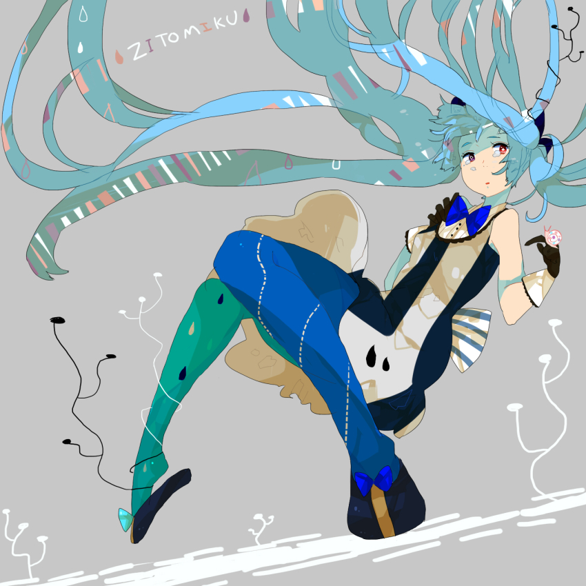1girl, aqua_hair, asakura, asymmetrical_legwear, bad_id, bad_pixiv_id, bow, bowtie, dress, female_focus, floating_hair, gloves, hatsune_miku, highres, jito_miku, long_hair, mismatched_legwear, pantyhose, shoe_dangle, snail, solo, tears, twintails, very_long_hair, vocaloid