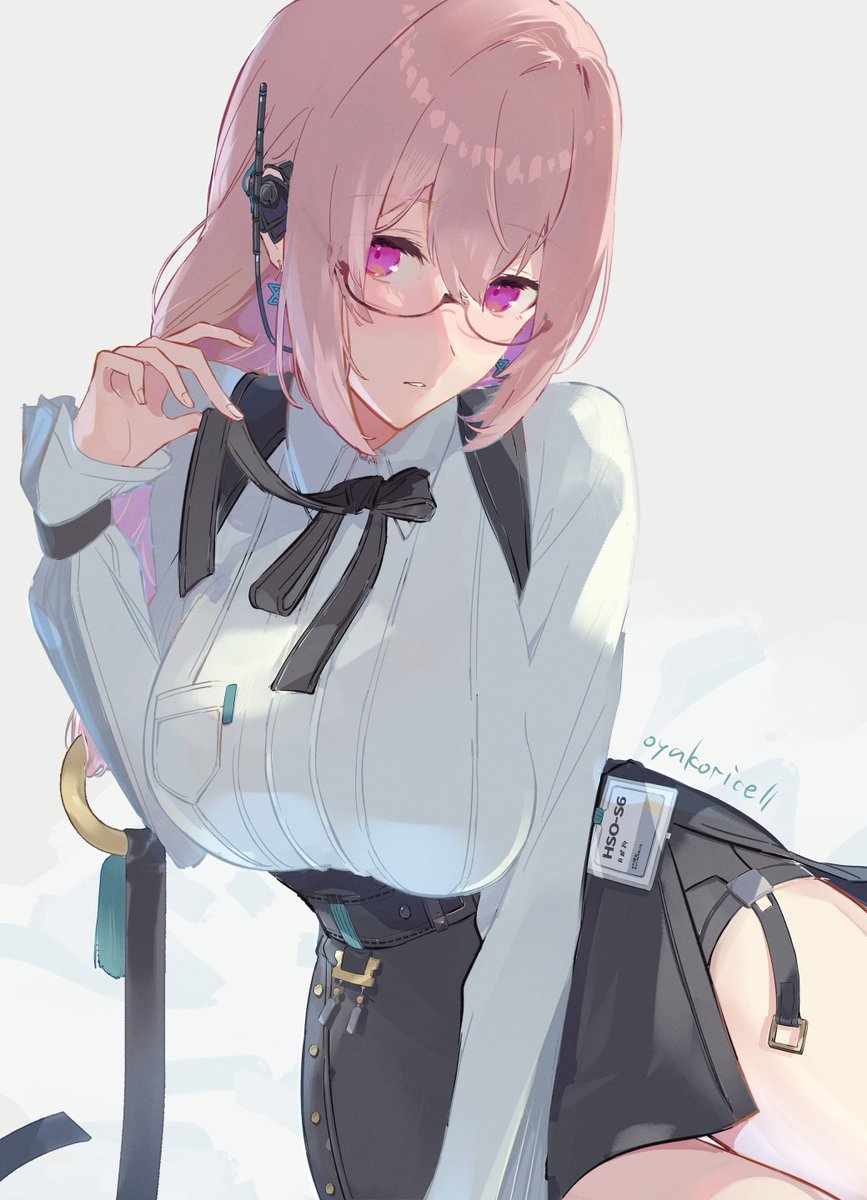 1girl, black_bow, black_bowtie, black_skirt, bow, bowtie, breasts, collared_shirt, earrings, glasses, hair_between_eyes, high-waist_skirt, highres, hourglass_earrings, jewelry, large_breasts, long_hair, long_sleeves, looking_at_viewer, oyakoricell, pencil_skirt, pink_eyes, pink_hair, shirt, sitting, skirt, tsukishiro_yanagi, white_shirt, zenless_zone_zero