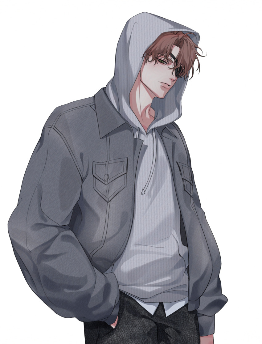 1boy, baek_saheon, black_pants, brown_hair, closed_mouth, commentary, cowboy_shot, english_commentary