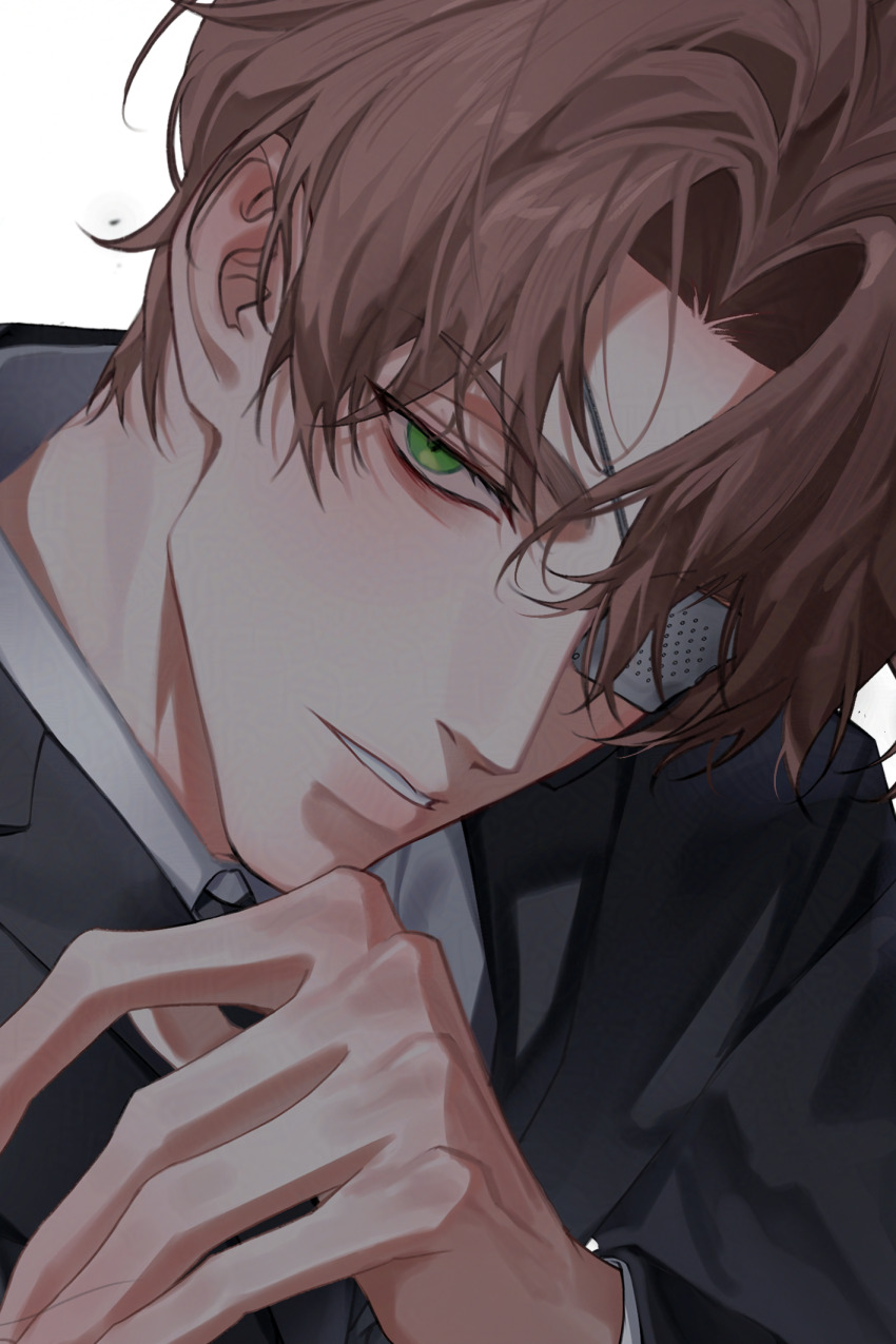 1boy, baek_saheon, black_jacket, brown_hair, collared_shirt, commentary, english_commentary, eyelashes