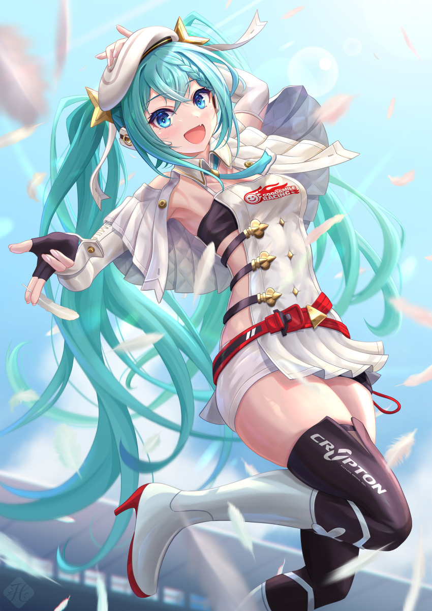 1girl, absurdres, aqua_eyes, aqua_hair, aqua_necktie, arm_up, armpits, belt