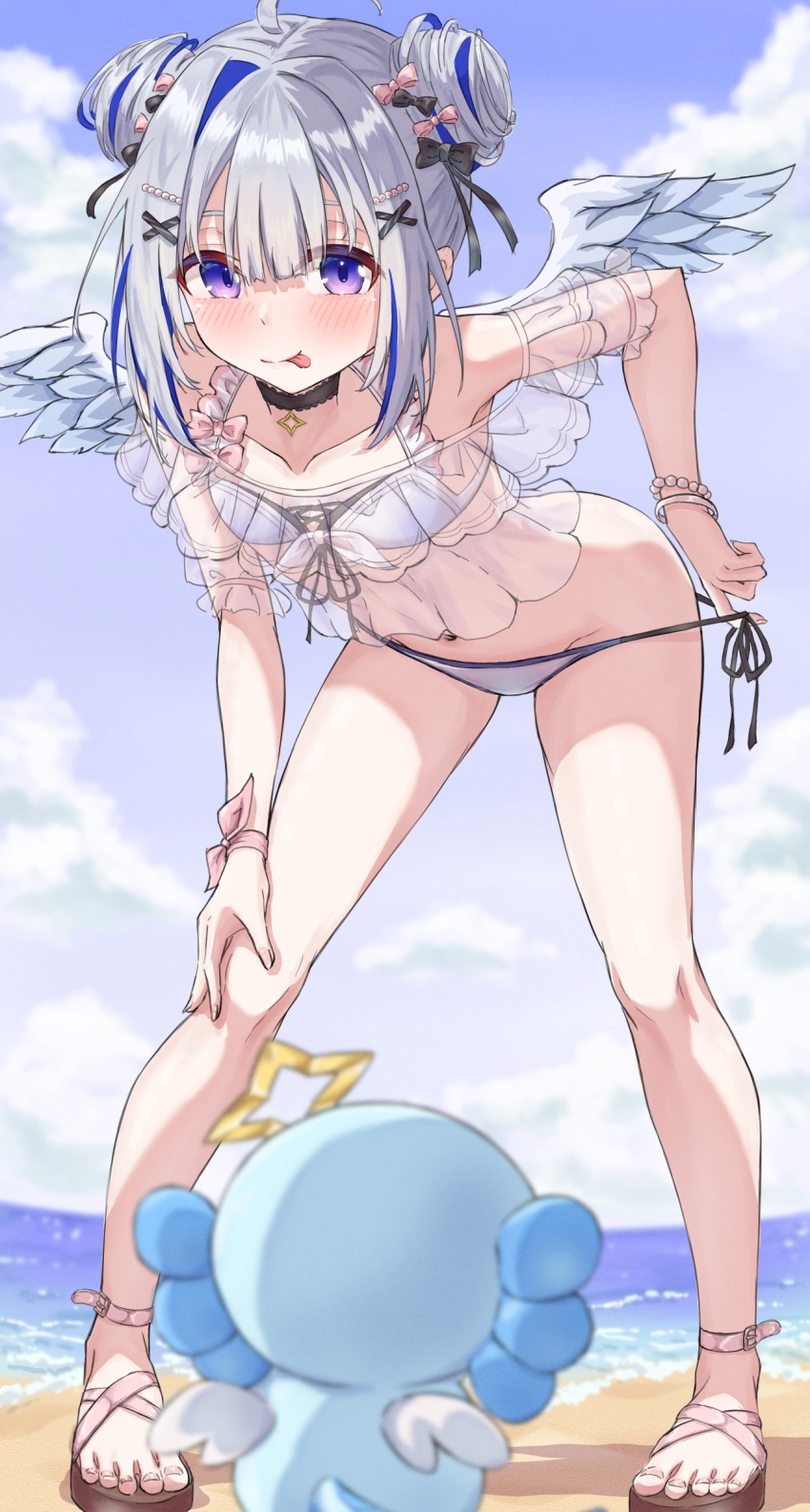 1girl, :p, absurdres, ahoge, amane_kanata, amane_kanata_(summer), angel_wings, bangle