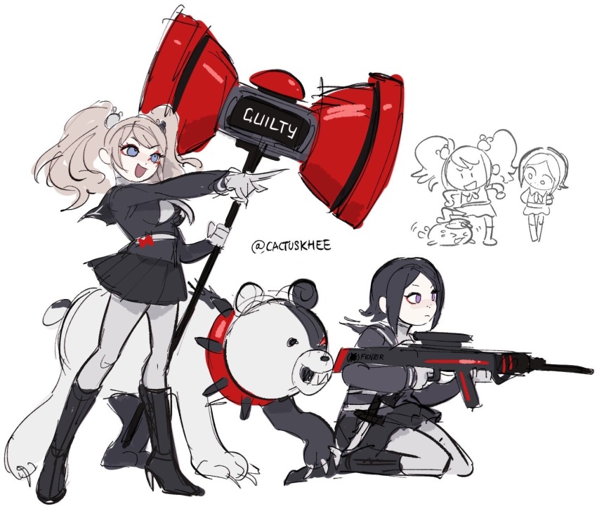 2girls, alternate_costume, beast_monokuma, black_boots, black_hair, black_shirt, black_skirt, blonde_hair