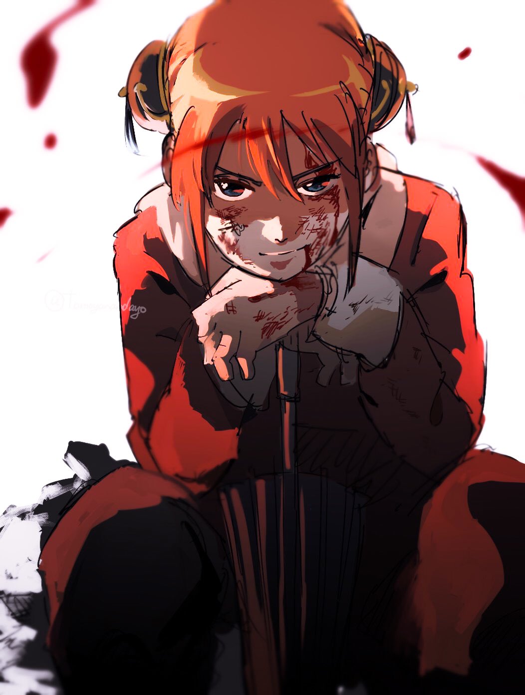 1girl, blood, blood_on_face, blue_eyes, bun_cover, closed_mouth, commentary_request, double_bun