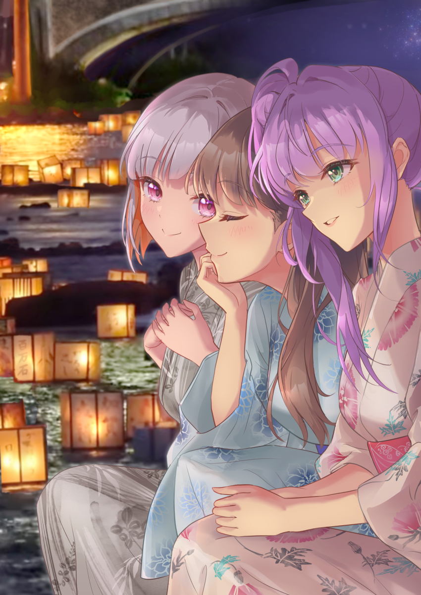 3girls, absurdres, alternate_costume, blue_kimono, blush, brown_hair, closed_mouth, colored_inner_hair