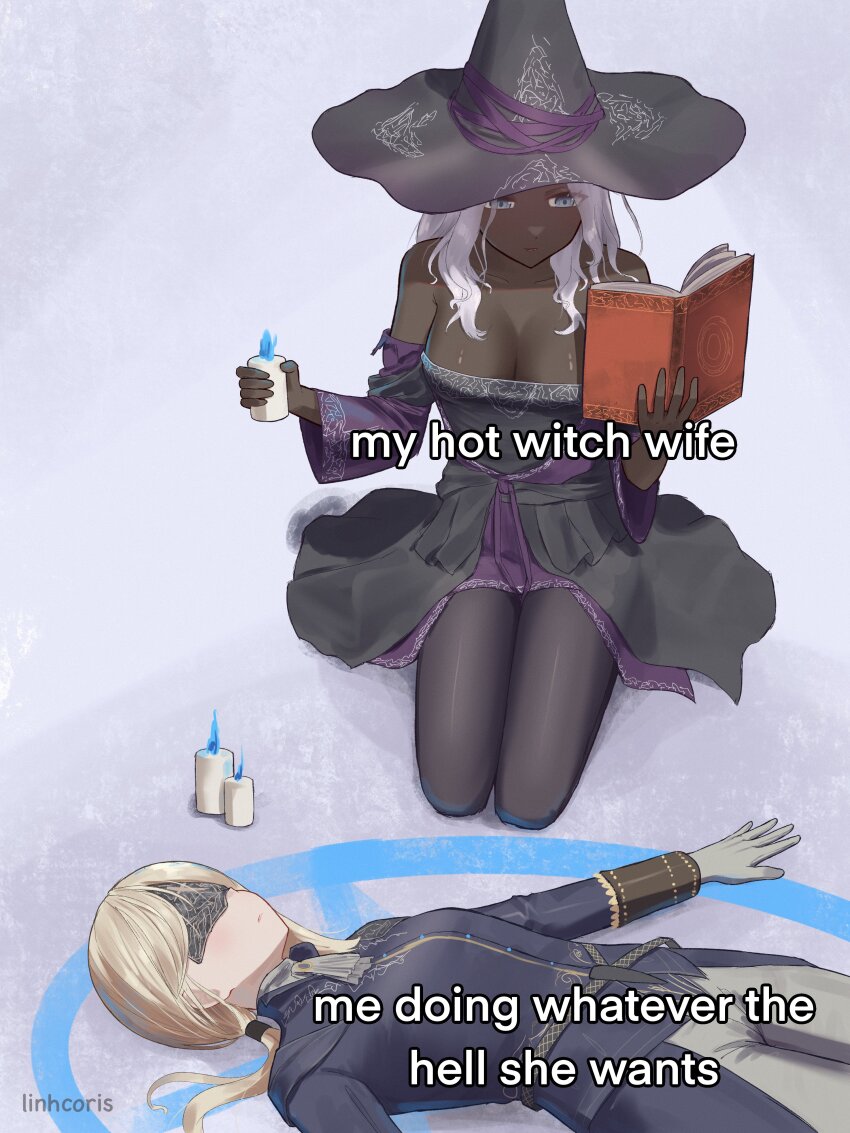 2girls, absurdres, artist_name, black_dress, black_leggings, blindfold_mask, blonde_hair, blue_eyes, blue_fire, blue_jacket, book, breasts, candle, cleavage, colored_eyelashes, dark-skinned_female, dark_skin, dress, duchess_(elden_ring), elden_ring, elden_ring_nightreign, eye_mask, fire, gloves, hat, highres, holding, holding_candle, jacket, kneeling, large_breasts, large_hat, leggings, linhcoris, lying, magic_circle, mask, meme, multiple_girls, my_hot_witch_wife_(meme), on_back, pantyhose, ponytail, purple_dress, purple_sleeves, recluse_(elden_ring), ritual, small_breasts, spell, very_dark_skin, white_eyelashes, white_gloves, witch_hat, yuri