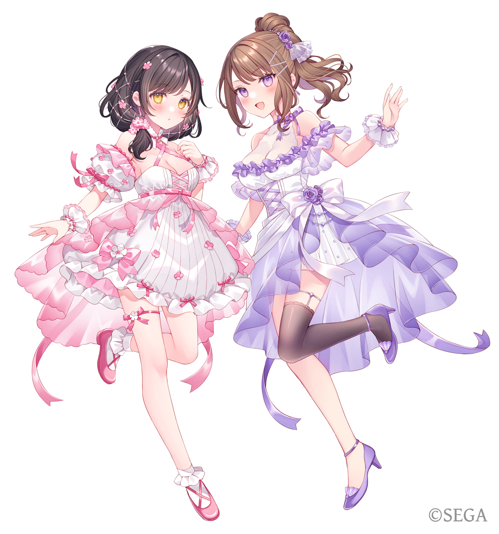 2girls, :d, bare_shoulders, black_hair, blush, bow, breasts, brown_hair