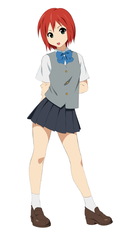 1girl, arms_behind_back, female_focus, fukuoka_katsumi, full_body, green_eyes, ichigo_(fukuoka_katsumi), legs, miniskirt, open_mouth, original, red_hair, school_uniform, short_hair, simple_background, skirt, solo, standing, white_background