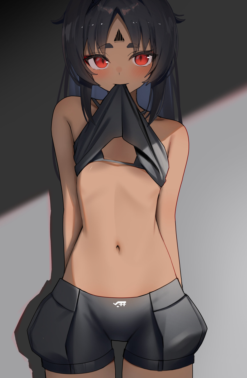 1girl, absurdres, arms_behind_back, bare_shoulders, black_bra, black_hair, black_shorts, blush, bra, breasts, clothes_in_mouth, collarbone, cowboy_shot, dark-skinned_female, dark_skin, flat_chest, gradient_background, highres, loli, long_hair, looking_at_viewer, mouth_hold, navel, nekomiya_mana, red_eyes, shirt_in_mouth, shorts, slit_pupils, small_breasts, solo, stomach, thomas_8000, underwear, zenless_zone_zero