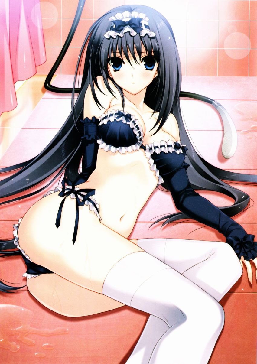 1girl, black_hair, blue_bra, blue_eyes, blue_panties, bra, detached_sleeves, female_focus