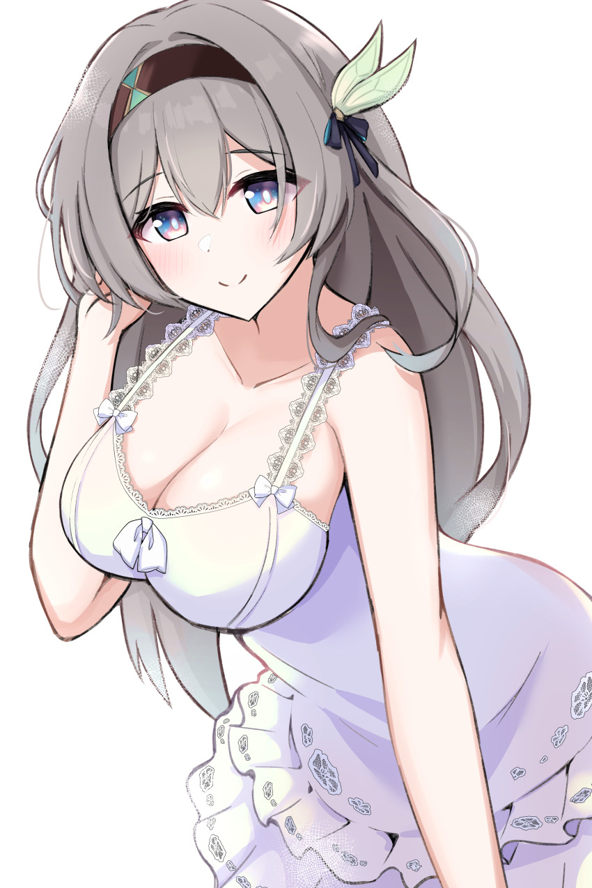 1girl, absurdres, alternate_costume, bare_shoulders, black_hairband, blush, breasts, cleavage