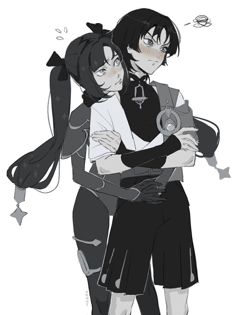 1boy, 1girl, arhnt, armor, artist_name, averting_eyes, belt, blunt_ends