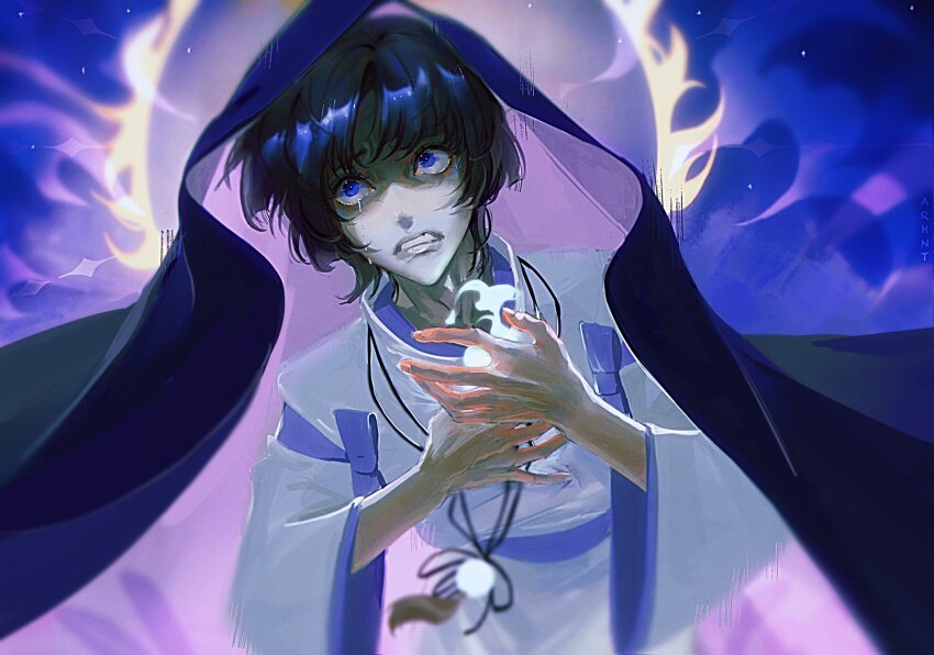 1boy, arhnt, black_hair, blue_fire, clothing_cutout, clutching_chest, crying, crying_with_eyes_open