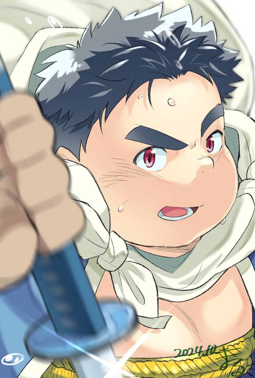 1boy, artist_name, black_hair, cape, close-up, commentary, dated, diffraction_spikes