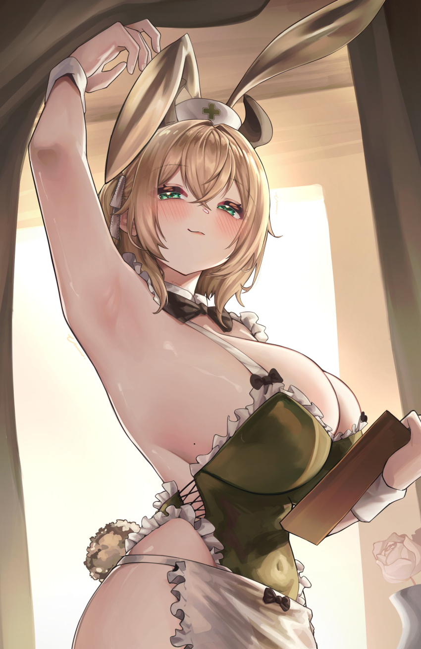 1girl, absurdres, animal_ears, apron, armpit_focus, armpits, black_bow, black_bowtie