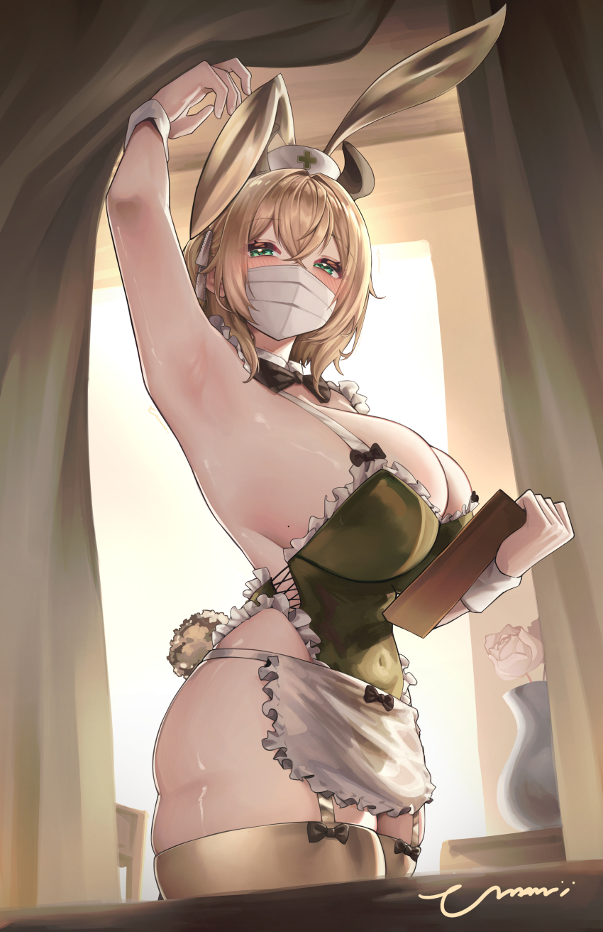 1girl, absurdres, animal_ears, apron, armpit_focus, armpits, black_bow, black_bowtie