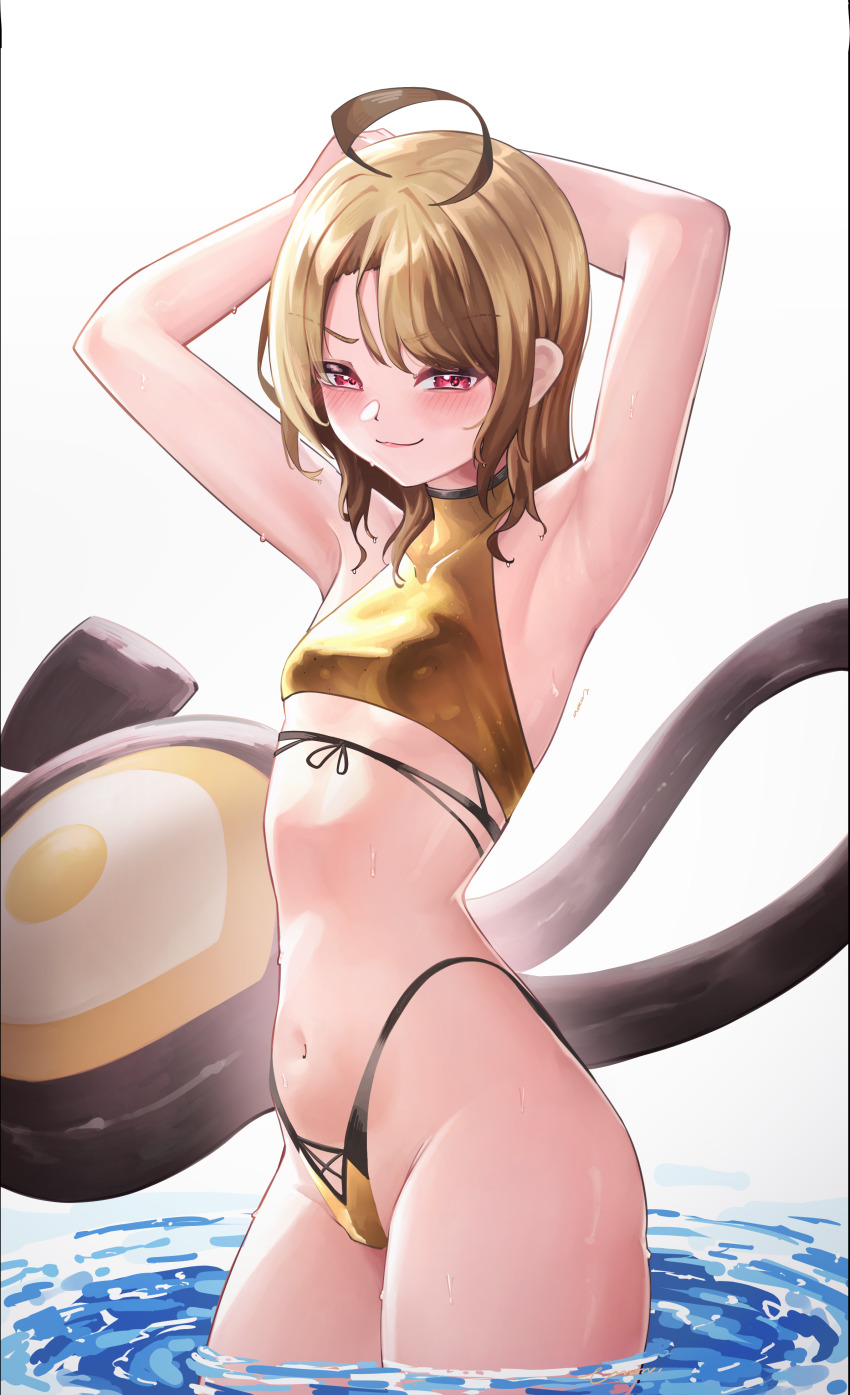 1girl, absurdres, ahoge, alternate_costume, alternate_hairstyle, armpit_focus, armpits, arms_behind_head